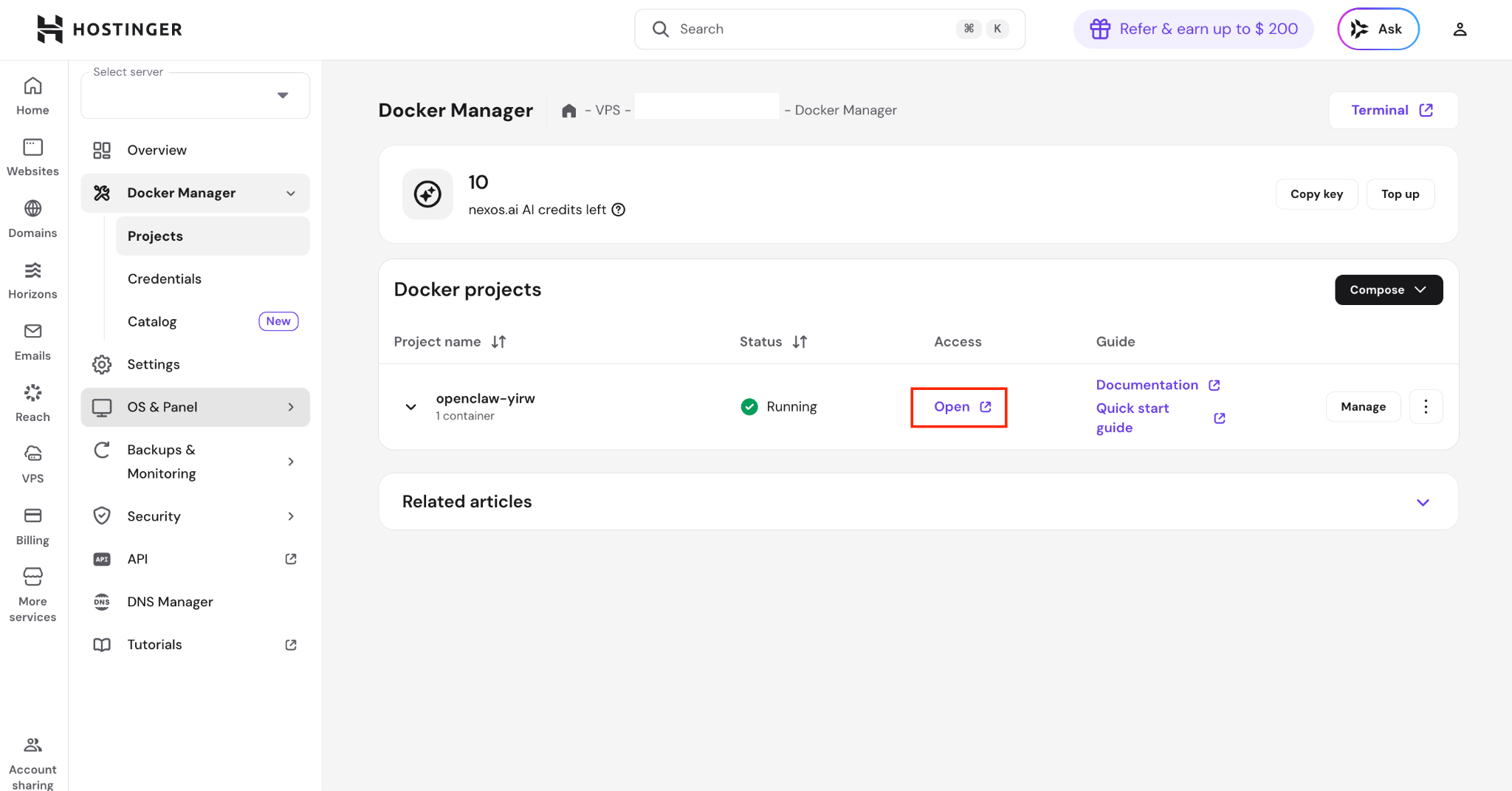 Hostinger's hPanel VPS dashboard