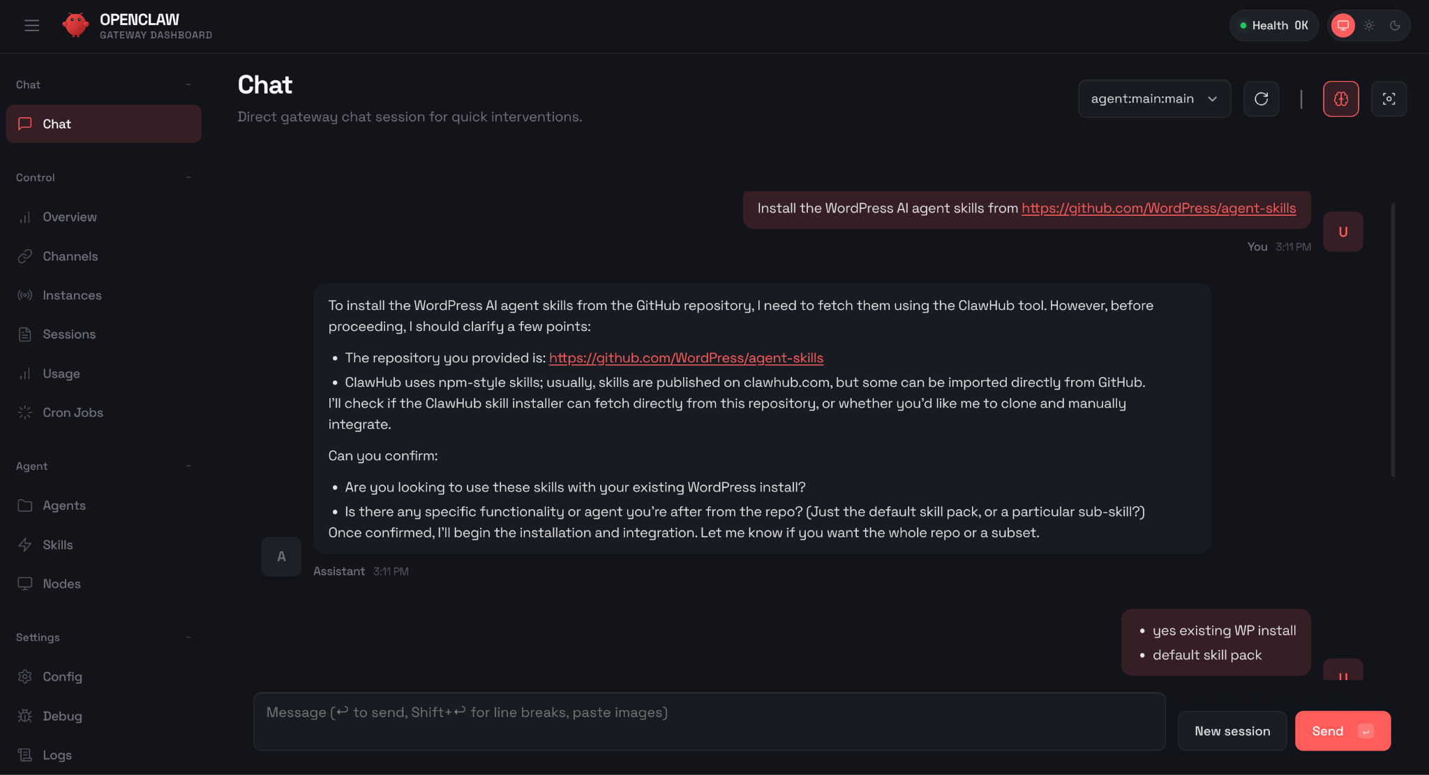 Chat panel within OpenClaw