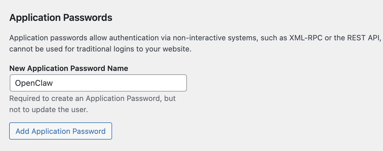Application Passwords panel within WordPress dashboard