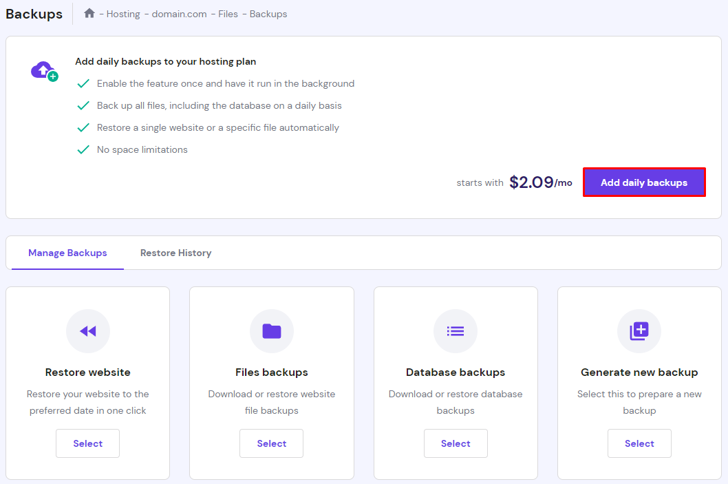 The daily backups option on the hPanel.