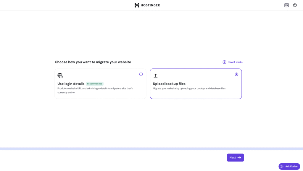 Upload backup files option on Hostinger's hPanel WordPress website migration