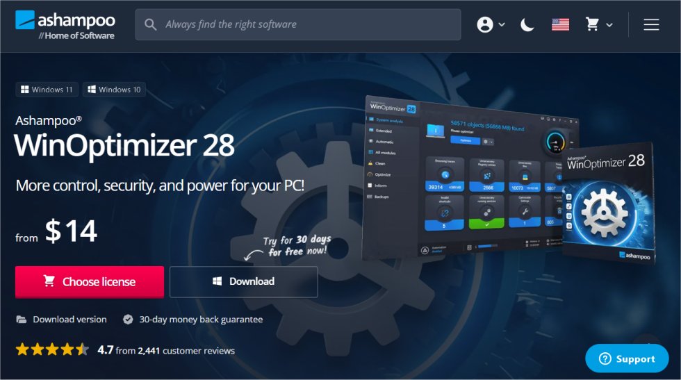 Ashampoo WinOptimizer website screenshot (January 2026).