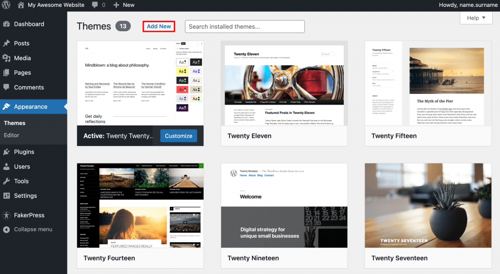 The Add new theme button on WordPress dashboard